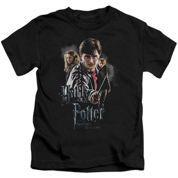 Black kid's t-shirt for ages 4 to 7 with Harry Potter Deathly Hollows Cast graphic