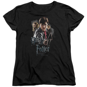 Black women's t-shirt with Harry Potter Deathly Hollows Cast graphic
