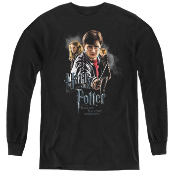 Black youth long sleeve t-shirt with Harry Potter Deathly Hollows Cast graphic