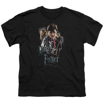 Black youth t-shirt for ages 8 to 12 with Harry Potter Deathly Hollows Cast graphic