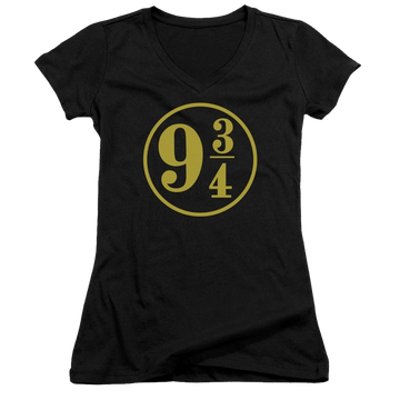 Black juniors v-neck t-shirt with Harry Potter 9 3/4 graphic