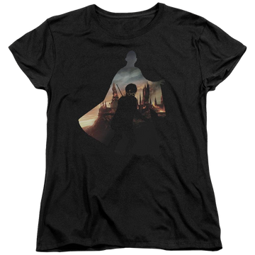 Black women's t-shirt with Harry Potter Voldemort Looms graphic