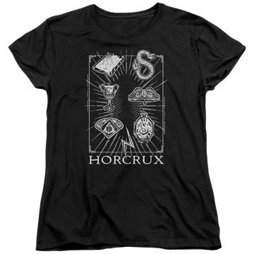Black women's t-shirt with Harry Potter Horcrux Symbols graphic