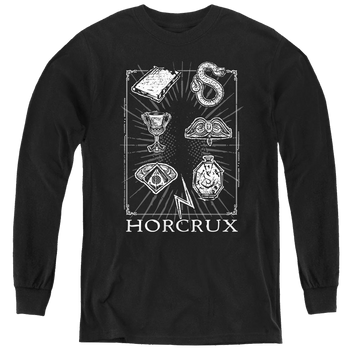 Black youth long sleeve t-shirt with Harry Potter Horcrux Symbols graphic