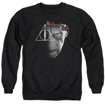 Black men's crewneck sweatshirt with Harry Potter Nowhere Is Safe graphic