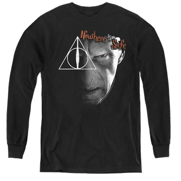 Black youth long sleeve t-shirt with Harry Potter Nowhere Is Safe graphic