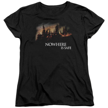 Black women's t-shirt with Harry Potter Burning Hogwarts graphic