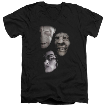 Black men's v-neck t-shirt with Harry Potter Villian Heads graphic