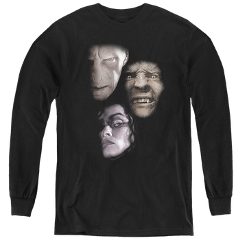 Black youth long sleeve t-shirt with Harry Potter Villian Heads graphic