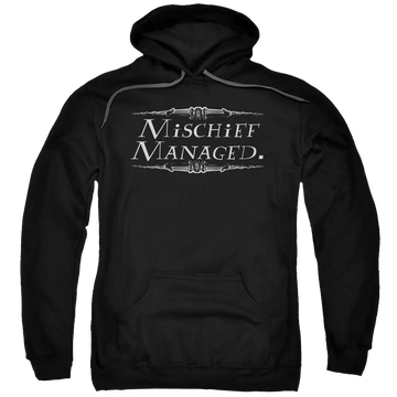 Black pullover hoodie with white "Mischief Managed" text and wand graphic on front, kangaroo pocket, drawstring hood.