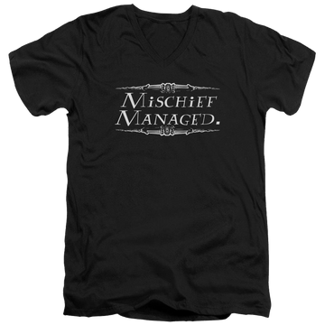 Black men's v-neck t-shirt with Harry Potter Mischief Managed graphic