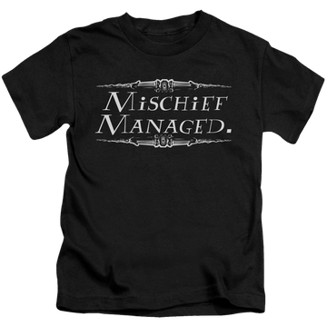 Black kid's t-shirt for ages 4 to 7 with Harry Potter Mischief Managed graphic