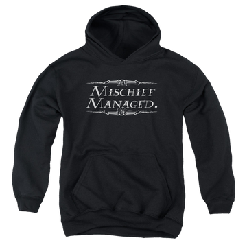 Black youth hoodie for ages 8 to 12 with Harry Potter Mischief Managed graphic