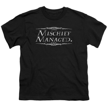 Black youth t-shirt for ages 8 to 12 with Harry Potter Mischief Managed graphic