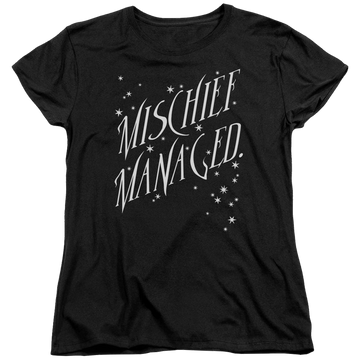 Black women's t-shirt with Harry Potter Mischief Managed 4 graphic