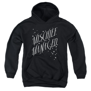 Black youth hoodie for ages 8 to 12 with Harry Potter Mischief Managed 4 graphic