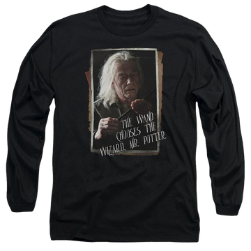 Black men's long sleeve t-shirt with Harry Potter Olivander graphic