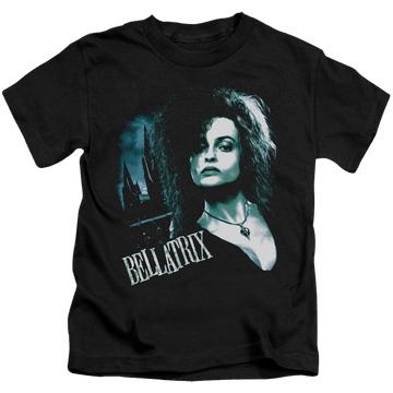 Black kid's t-shirt for ages 4 to 7 with Harry Potter Bellatrix Closeup graphic