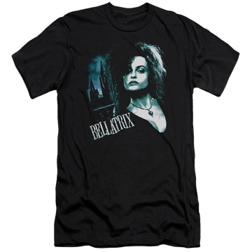 Black men's premium slim fit t-shirt with Harry Potter Bellatrix Closeup graphic