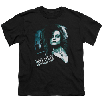 Black youth t-shirt for ages 8 to 12 with Harry Potter Bellatrix Closeup graphic