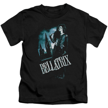 Black kid's t-shirt for ages 4 to 7 with Harry Potter Bellatrix Full Body graphic