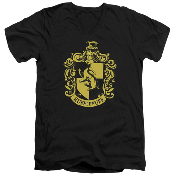 Black men's v-neck t-shirt with Harry Potter Hufflepuff Crest graphic