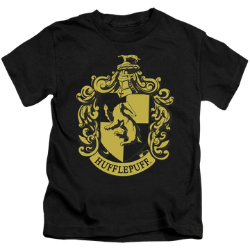 Black kid's t-shirt for ages 4 to 7 with Harry Potter Hufflepuff Crest graphic