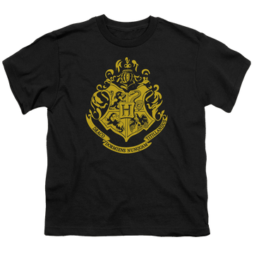 Black youth t-shirt for ages 8 to 12 with Harry Potter Hogwarts Crest graphic