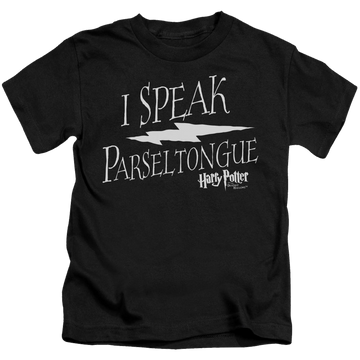 Black kid's t-shirt for ages 4 to 7 with Harry Potter I Speak Parseltongue graphic