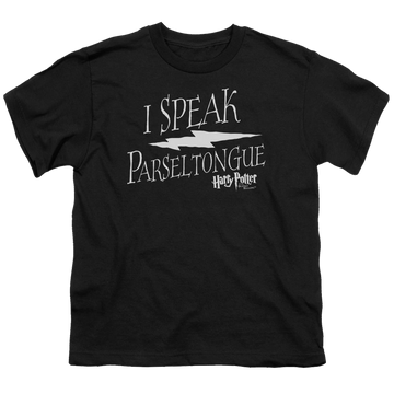 Black youth t-shirt for ages 8 to 12 with Harry Potter I Speak Parseltongue graphic