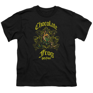 Black youth t-shirt for ages 8 to 12 with Harry Potter Chocolate Frog graphic