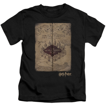 Black kid's t-shirt for ages 4 to 7 with Harry Potter Marauders Map graphic