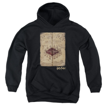 Black youth hoodie for ages 8 to 12 with Harry Potter Marauders Map graphic