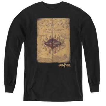 Black youth long sleeve t-shirt with Harry Potter Marauders Map graphic