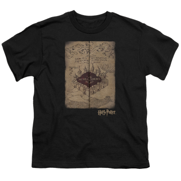 Black youth t-shirt for ages 8 to 12 with Harry Potter Marauders Map graphic