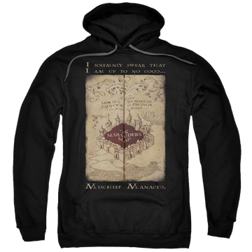 Black pullover hoodie with Harry Potter Marauders Map Words graphic