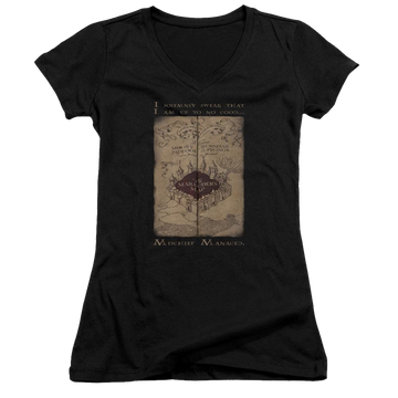 Black juniors v-neck t-shirt with Harry Potter Marauders Map Words graphic
