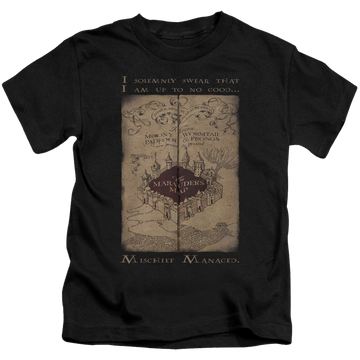 Black kid's t-shirt for ages 4 to 7 with Harry Potter Marauders Map Words graphic