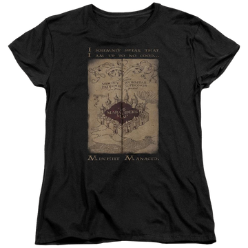 Black women's t-shirt with Harry Potter Marauders Map Words graphic