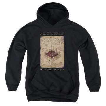 Black youth hoodie for ages 8 to 12 with Harry Potter Marauders Map Words graphic