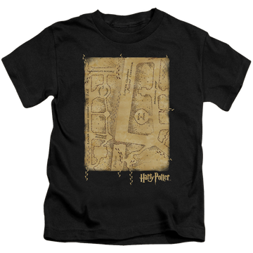 Black kid's t-shirt for ages 4 to 7 with Harry Potter Marauders Map Interior graphic