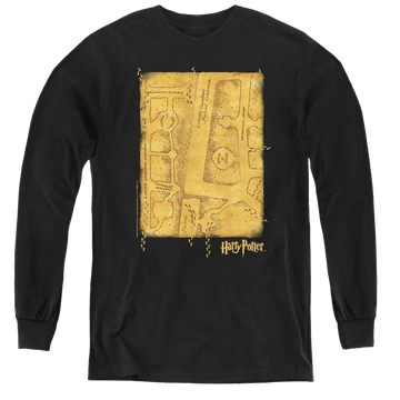 Black youth long sleeve t-shirt with Harry Potter Marauders Map Interior graphic