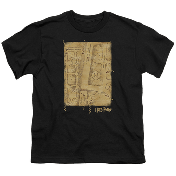 Black youth t-shirt for ages 8 to 12 with Harry Potter Marauders Map Interior graphic