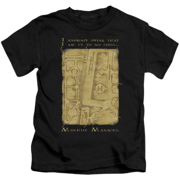 Black kid's t-shirt for ages 4 to 7 with Harry Potter Marauders Map Interior Words graphic