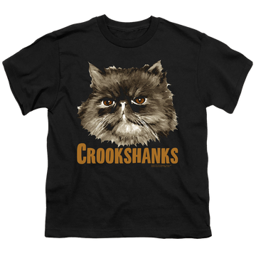 Black youth t-shirt for ages 8 to 12 with Harry Potter Crookshanks graphic