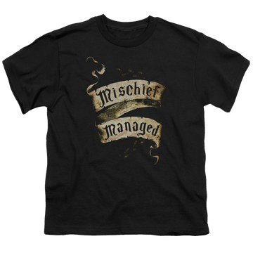 Black youth t-shirt for ages 8 to 12 with Harry Potter Mischief Managed graphic