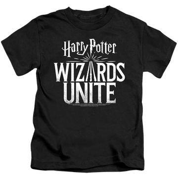 Black kid's t-shirt for ages 4 to 7 with Harry Potter Wizards Unite Logo graphic