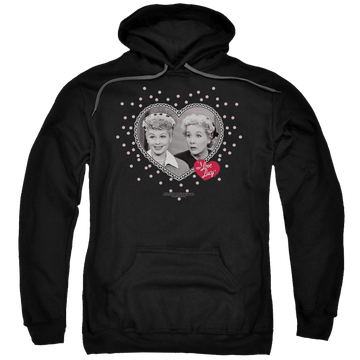 Black pullover hoodie with I Love Lucy Hearts And Dots graphic