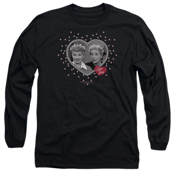 Black men's long sleeve t-shirt with I Love Lucy Hearts And Dots graphic
