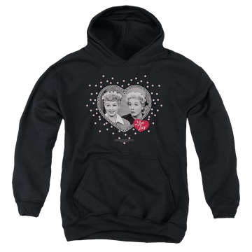 Black youth hoodie for ages 8 to 12 with I Love Lucy Hearts And Dots graphic